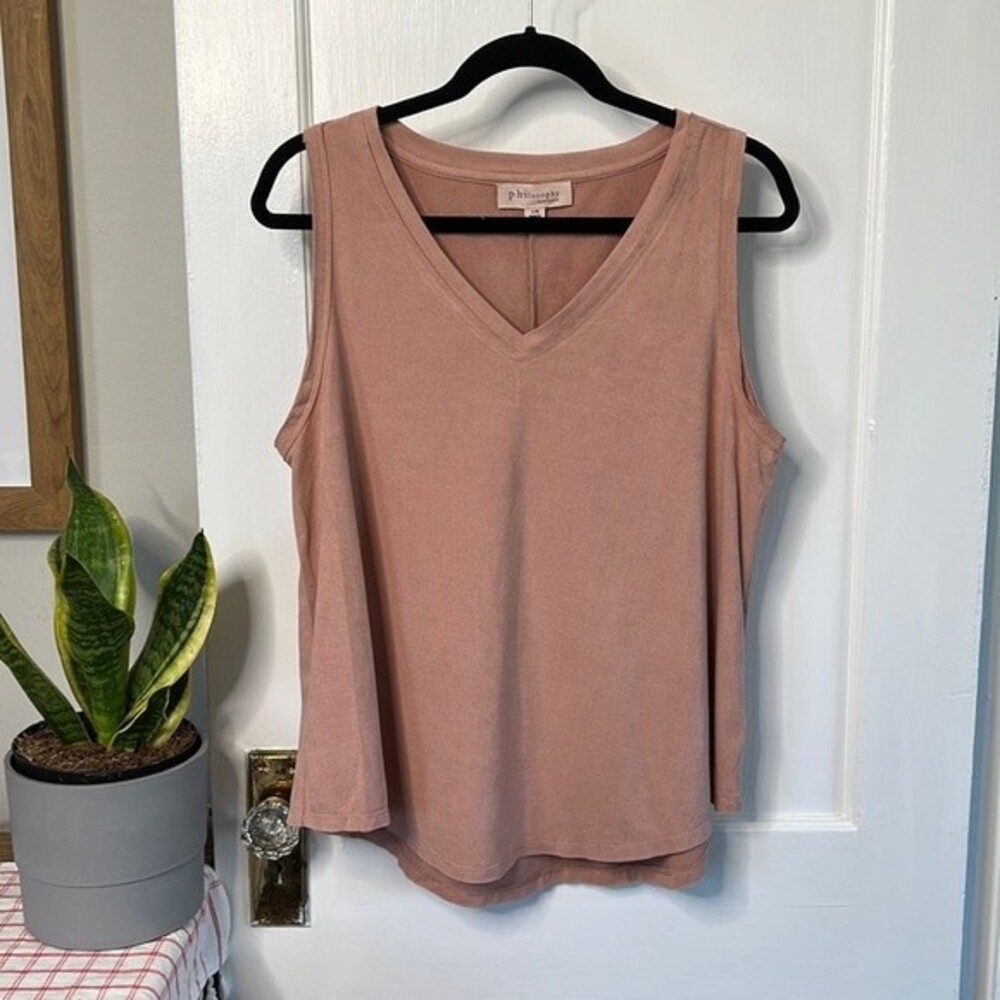 Philosophy Pink Suede V Neck Sleeveless Blouse, Pink Blush, Size LARGE